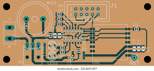 Vector printed circuit board of electronic 
device with components of radio elements, 
conductors and contact pads placed on pcb. 
Engineering computer drawing. Technical design.