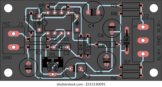 Vector printed circuit board of electronic 
device with components of radio elements, 
conductors and contact pads placed on it. Engineering technical drawing. Pcb template. Electric background.