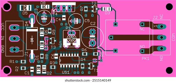 Vector printed circuit board of electronic 
device with components of radio elements, 
conductors and contact pads placed on pcb. Engineering technical drawing.