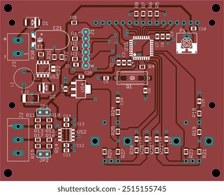 Vector printed circuit board of electronic 
device with components of radio elements, 
conductors and contact pads placed on it. Engineering technical drawing. Electric background. Pcb design.