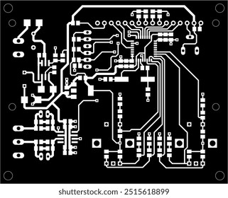 Vector printed circuit board of electronic 
device with components of radio elements, 
conductors and contact pads placed on pcb. 
Engineering technical drawing. Electric background. Cad design.