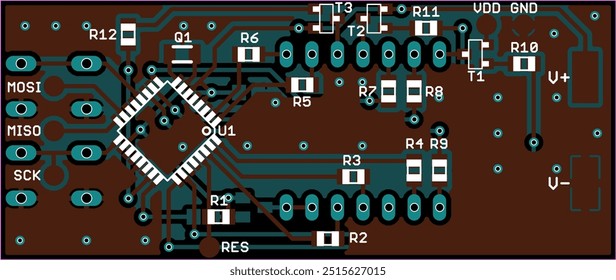 Vector printed circuit board of electronic device with components of radio elements, 
conductors and contact pads on pcb. 
Engineering technical drawing. Electric background. Computer cad design.