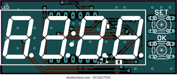 Vector printed circuit board of electronic 
device (digital clock) with components of radio elements, 
conductors and contact pads placed on pcb. Engineering technical drawing. Computer cad design.