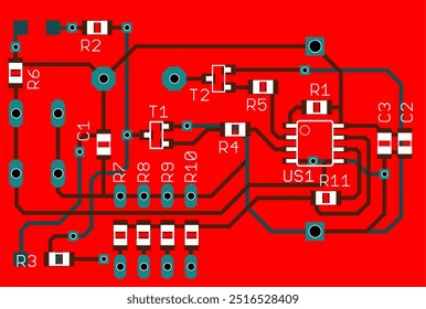 Vector printed circuit board of electronic device with components of radio elements, 
conductors and contact pads placed on pcb. Engineering technical drawing. Cad template. Electric background.