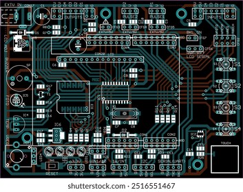 Vector printed circuit board of electronic 
device with components of radio elements, 
conductors and contact pads placed on it.  Engineering technical drawing. Concept of pcb design.