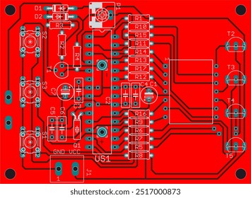 Vector printed circuit board of electronic 
device with components of radio elements, 
conductors and contact pads placed on pcb. 
Engineering drawing. Computer technic cad design.