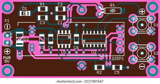 Vector printed circuit board of electronic 
device with components of radio elements, 
conductors and contact pads placed on pcb. 
Engineering technical drawing. Computer cad design.