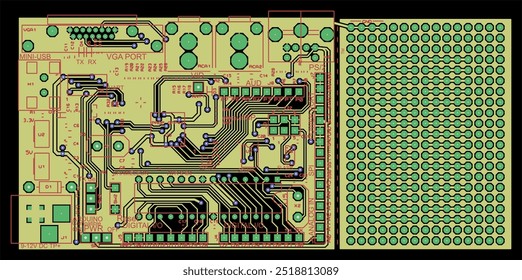 Vector printed circuit board of electronic 
device with components of radio elements, 
conductors and contact pads placed on pcb. 
Engineering drawing. Electric background.
Computer technic cad design