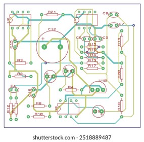 Vector printed circuit board of electronic 
device with components of radio elements, 
conductors and contact pads placed on pcb. 
Engineering drawing. Electric background.
Computer technic cad design