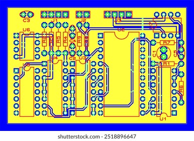 Vector printed circuit board of electronic 
device with components of radio elements, 
conductors and contact pads placed on pcb. 
Engineering drawing. Electric background.
Computer technic cad design