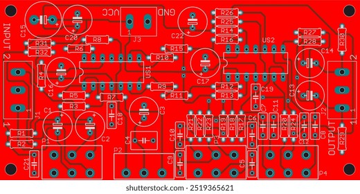 Vector printed circuit board of electronic 
device with components of radio elements, 
conductors and contact pads placed on pcb. Engineering drawing with grid. Computer technic cad design.