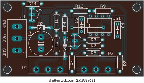 Vector printed circuit board of electronic 
device with components of radio elements, 
conductors and contact pads placed on pcb.
Electric background. Computer technic cad design. 
Engineering drawing