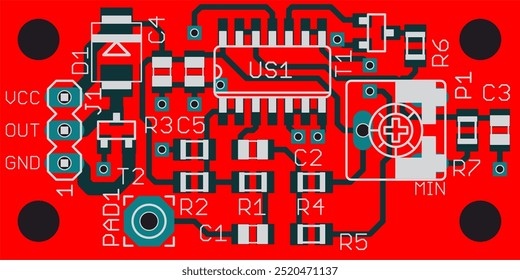 Vector printed circuit board of electronic 
device with components of radio elements, 
conductors and contact pads placed on pcb. Engineering technical drawing.