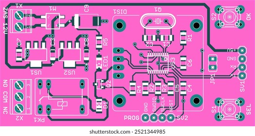 Vector printed circuit board of electronic 
device with components of radio elements, 
conductors and contact pads on pcb. 
Engineering drawing. Computer technic design.
Technology schematic diagram.