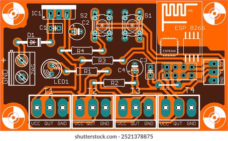 Vector printed circuit board of electronic 
device with components of radio elements, 
conductors and contact pads on pcb. 
Engineering drawing. Computer technic design.
Technology schematic diagram.