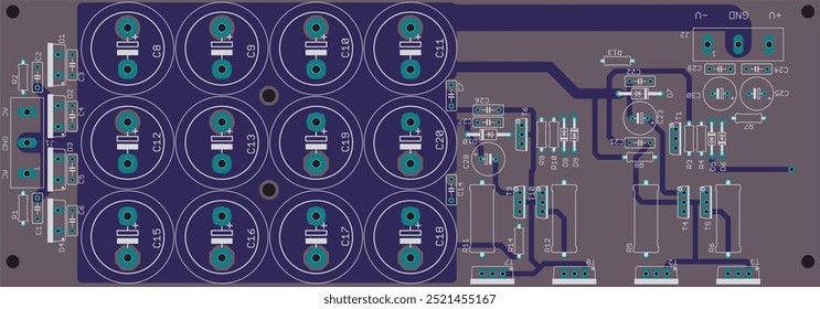 Vector printed circuit board of electronic 
device with components of radio elements, 
conductors and contact pads placed on pcb. 
Engineering drawing. Computer technic cad design.