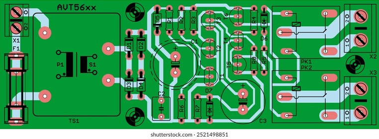 Vector printed circuit board of electronic 
device with components of radio elements, 
conductors and contact pads placed on pcb. Engineering technical drawing.
Computer technic cad design.