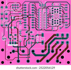 Vector printed circuit board of electronic 
device with components of radio elements, 
conductors and contact pads placed on pcb. 
Engineering drawing.
Computer technic cad design.