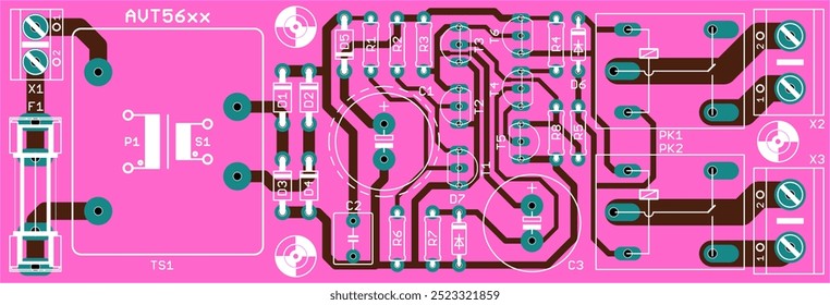 Vektorleiterplatte für elektronische Schaltungen 
Gerät mit Komponenten von Funkelementen, 
Leiterbahnen und Kontaktpads auf der Leiterplatte. 
Technische Zeichnung.
Computertechnisches Kartendesign.