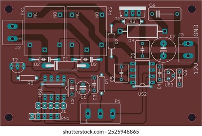 Vector printed circuit board of electronic 
device with components of radio elements, 
conductors and contact pads placed on pcb. Engineering computer technic drawing with grid.