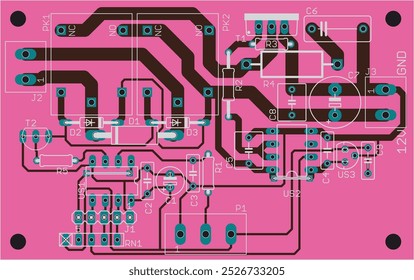 Vector printed circuit board of electronic device with components of radio elements, conductors and contact pads placed on pcb. Engineering technical drawing. Computer technic cad design.