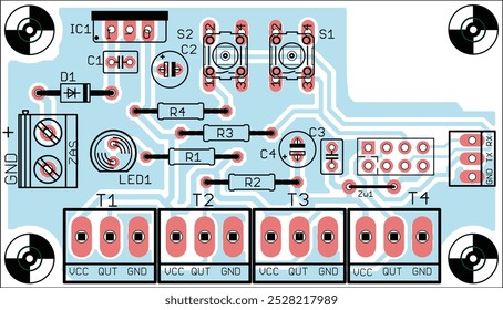 Vector printed circuit board of electronic 
device with components of radio elements, 
conductors and contact pads placed on it.  Engineering technic computer drawing of pcb design.