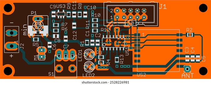 Vector printed circuit board of electronic 
device with components of radio elements, 
conductors and contact pads placed on pcb. 
Engineering computer drawing. Technical cad design.