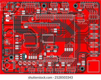 Vector printed circuit board of electronic 
device with components of radio elements, 
conductors and contact pads placed on it. Engineering technical drawing. Concept of pcb design.