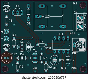 Vector printed circuit board of electronic 
device with components of radio elements, 
conductors and contact pads placed on pcb. Engineering technical drawing.