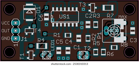 Vector printed circuit board of electronic 
device with components of radio elements, 
conductors and contact pads placed on pcb.  Engineering technical drawing.