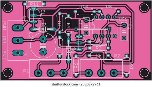 Vector printed circuit board of electronic 
device with components of radio elements, 
conductors and contact pads placed on pcb. Electric background. Computer technic cad design. Engineering drawing