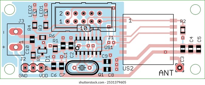 Vector printed circuit board of electronic 
device with components of radio elements, 
conductors and contact pads placed on pcb. Engineering technical drawing.
Computer technic cad design.