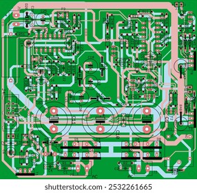 Vector printed circuit board of electronic 
device with components of radio elements, 
conductors and contact pads placed on pcb. 
Engineering technical drawing.
Computer technic cad design.