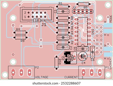 Vector printed circuit board of electronic 
device with components of radio elements, 
conductors and contact pads placed on pcb. Engineering technical drawing.
Computer technic cad design.