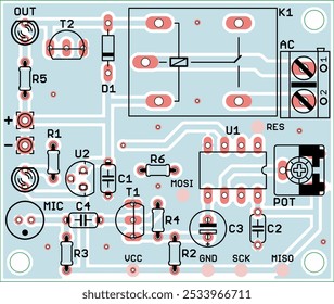 Vector printed circuit board of electronic 
device with components of radio elements, 
conductors and contact pads placed on pcb.  Engineering technical computer cad drawing.