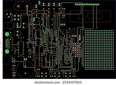 Vector printed circuit board of electronic 
device with components of radio elements, 
conductors and contact pads placed on pcb. 
Engineering computer cad technical drawing.