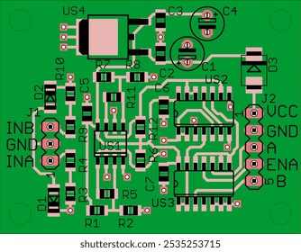 Vector printed circuit board of electronic 
device with components of radio elements, 
conductors and contact pads placed on pcb. 
Engineering technical drawing.
Computer technic cad design.