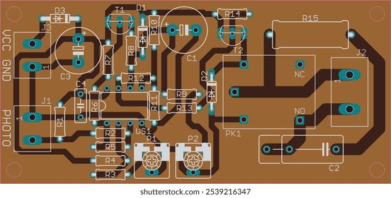 Vector printed circuit board of electronic 
device with components of radio elements, 
conductors and contact pads placed on pcb. 
Computer technic cad design.
Engineering drawing.