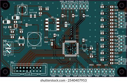 Vector printed circuit board of electronic 
device with components of radio elements, 
conductors and contact pads placed on pcb. 
Engineering technical drawing.
Computer technic cad design.