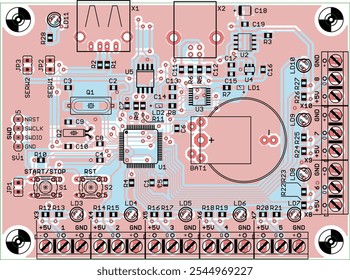 Vector printed circuit board of electronic 
device with components of radio elements, 
conductors and contact pads placed on pcb. Engineering technical educational drawing.
Computer technic cad design