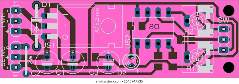 Vector printed circuit board of electronic 
device with components of radio elements, 
conductors and contact pads placed on pcb. 
Engineering technical drawing.