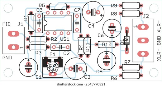 Vector printed circuit board of electronic 
device with components of radio elements, 
conductors and contact pads placed on pcb. 
Engineering technical computer cad drawing.