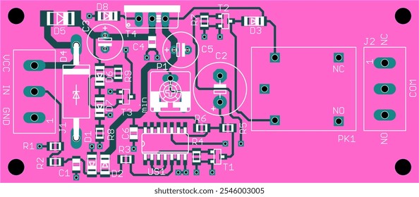 Vector printed circuit board of electronic 
device with components of radio elements, 
conductors and contact pads placed on pcb. Engineering computer cad technical drawing.