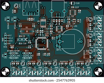 Vector printed circuit board of electronic device with components of radio elements, conductors and contact pads placed on pcb. 
Engineering technical educational drawing.
Computer technic cad design.