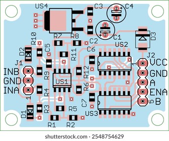 Vector printed circuit board of electronic 
device with components of radio elements, 
conductors and contact pads placed on pcb. 
Engineering technical drawing.
Computer technic cad design.