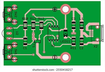 Vector printed circuit board of electronic 
device with components of radio elements, 
conductors and contact pads placed on pcb. 
Engineering technical computer cad drawing.