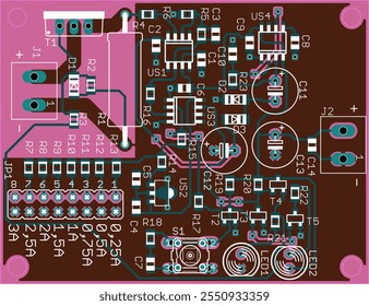 Vector printed circuit board of electronic device with components of radio elements, conductors and contact pads placed on pcb. 
Engineering technical educational drawing. Computer technic cad design.