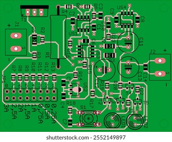 placa de circuito impreso de Vector del dispositivo electrónico con los componentes de los Elementos de radio, 
Conductores y almohadillas de contacto colocados en la PCB. Dibujo técnico educativo de ingeniería.
Diseño de tarjeta técnica de computadora.