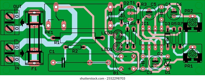 Vector printed circuit board of electronic device with components of radio elements, conductors and contact pads placed on pcb. 
Engineering technical educational drawing.
Computer technic cad design.