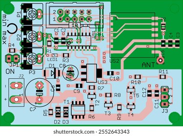 Vector printed circuit board of electronic device with components of radio elements, conductors and contact pads placed on pcb. Engineering technical educational drawing. Computer technic cad design.